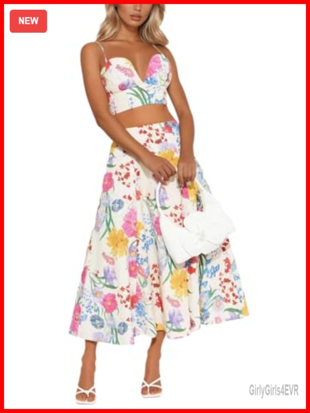 Two Piece Maxi Skirt Set with V-Neck Cami Top and Pleated Skirt